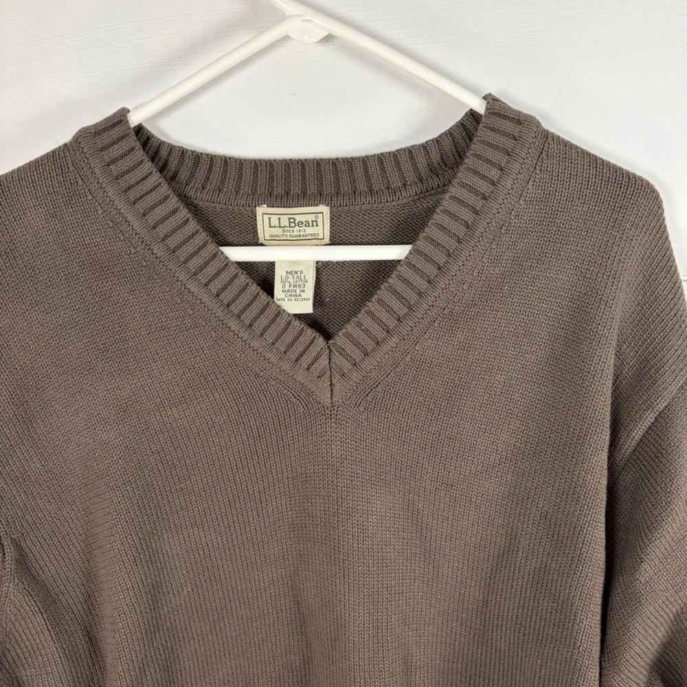 Vintage 90s LL Bean V-Neck Sweater Men L Tall Brown 100%‎ Cotton Knit Pullover